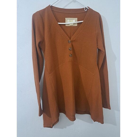 ANTHROPOLOGIE Maeve Womens SMALL Flare Hem Waffle Knit Longsleeve RUST PUMPKIN - Picture 1 of 7